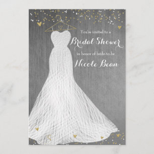 Invitación Hermoso vestido en percha dorada para despedida de