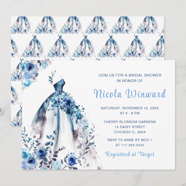 Invitación Hermoso Vestido Floral Azul Ducha De Novias (Anverso / Reverso)