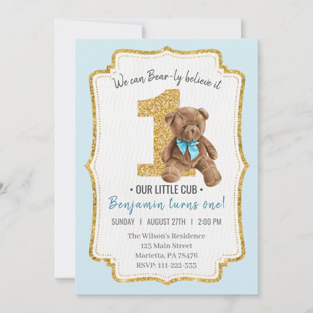 Invitación Hermoso Vintage Teddy Bear Primer Cumpleaños (Anverso)