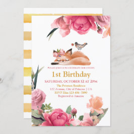 Invitación Hermoso Zorro Sleepy y Flores Primer cumpleaños