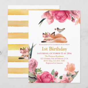 Invitación Hermoso Zorro Sleepy y Flores Primer cumpleaños