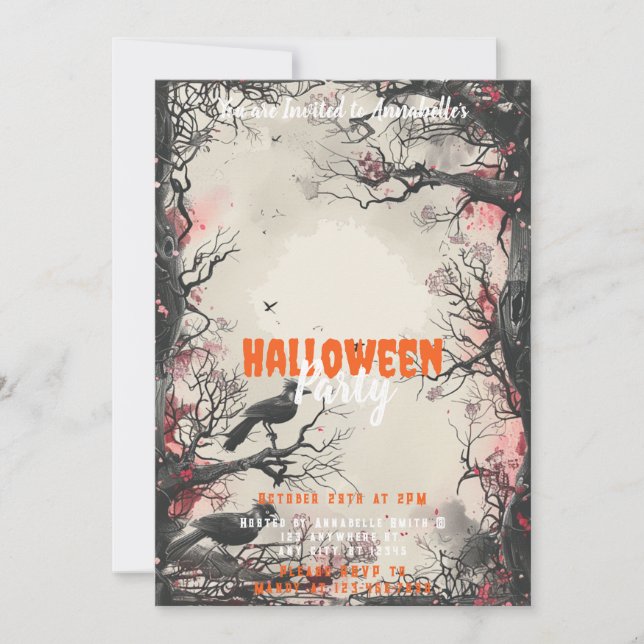 Invitación Hermosos árboles Aves Negras Fiesta de Halloween (Anverso)