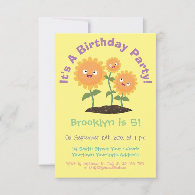 Invitación Hermosos girasoles alegres sonrientes ilustracion  (Anverso)