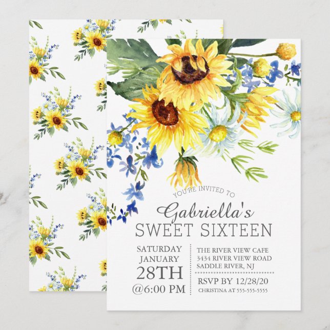 Invitación Hermosos girasoles amarillos dulces Dieciséis Fies (Anverso / Reverso)