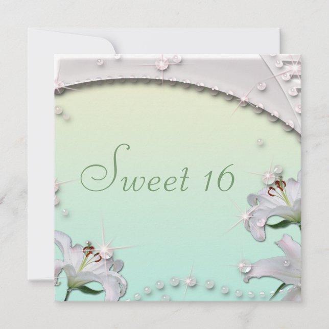Invitación Hermosos Lilies y Sparkles Mint Green Sweet 16 (Anverso)
