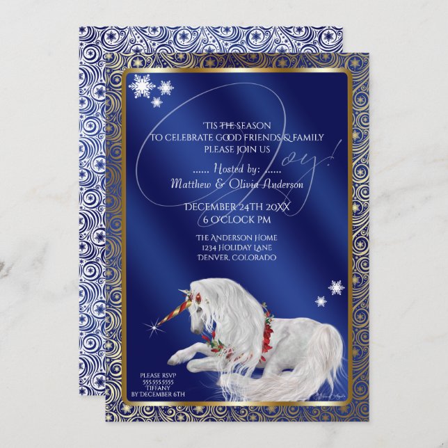 Invitación Hermosos Navidades de fantasía Unicorn Joy Blue (Anverso / Reverso)