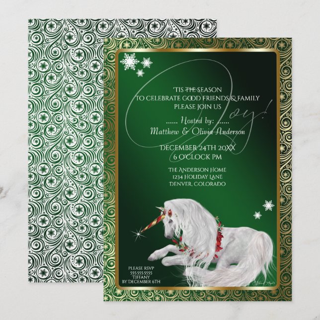 Invitación Hermosos Navidades de fantasía Unicorn Joy Green (Anverso / Reverso)