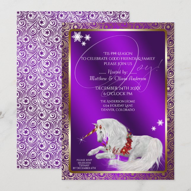 Invitación Hermosos Navidades de fantasía Unicorn Joy Purple (Anverso / Reverso)