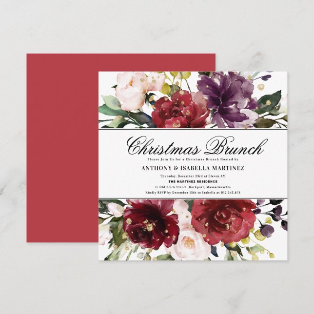 Invitación Hermosos Navidades florales rojos de Borgoña Brunc (Anverso / Reverso)