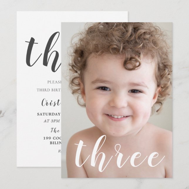 Invitación Hermosos niños 3er cumpleaños Fiesta foto y guión (Anverso / Reverso)