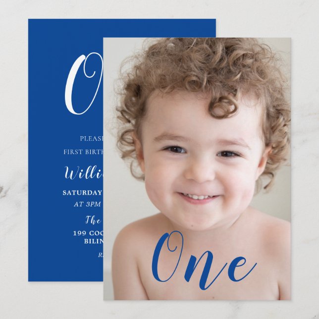 Invitación Hermosos niños primer cumpleaños Fiesta foto azul (Anverso / Reverso)