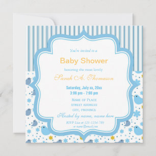 Invitación Hermosos pájaros bebé y flores azul baby shower