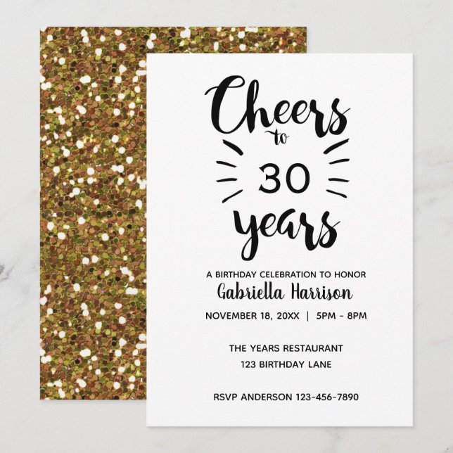 Invitación Hermosos Purpurinas de oro vitorean a 30 años (Anverso / Reverso)