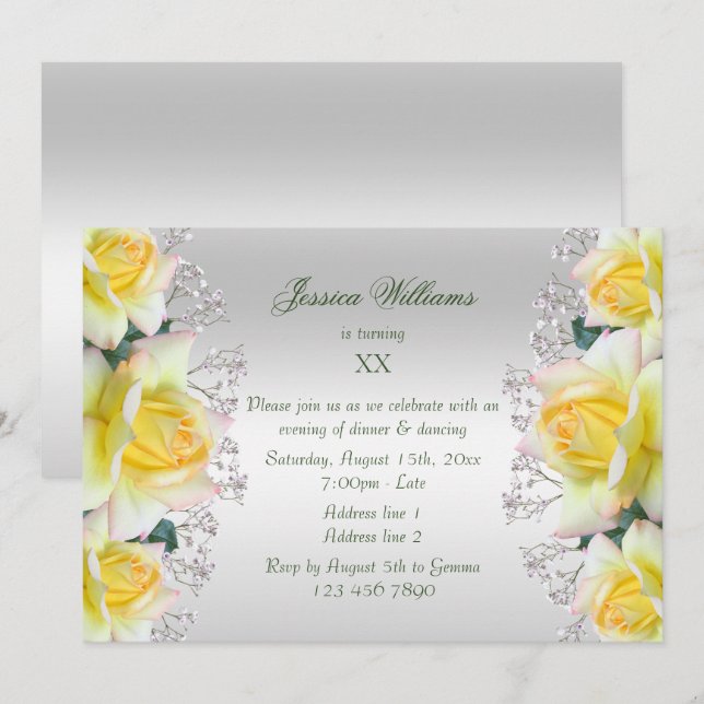 Invitación Hermosos Rosas Amarillos de la Paz Flores Cumpleañ (Anverso / Reverso)