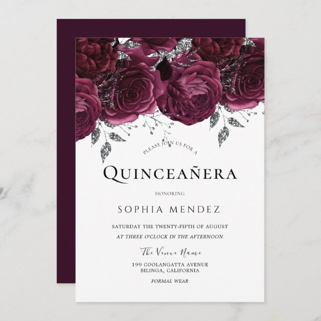 Invitación Hermosos Rosas de Borgoña Fiesta elegante de Quinc (Anverso / Reverso)