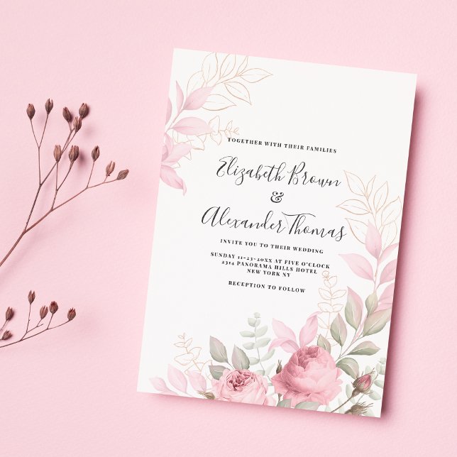 Invitación Hermosos rosas de menta rosa dejan boda floral (Beautiful pink mint roses leaves floral wedding)
