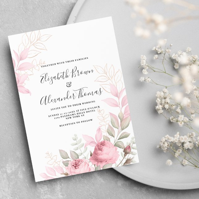 Invitación Hermosos rosas de menta rosa dejan boda floral (Beautiful pink mint roses leaves floral wedding invitation )