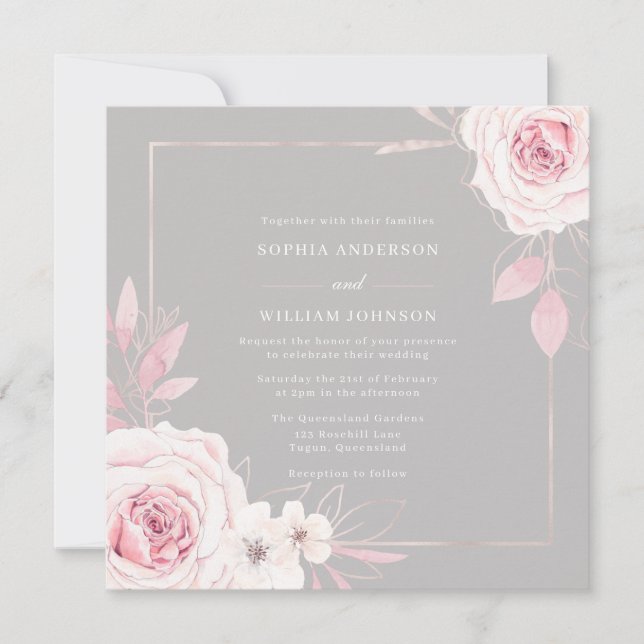 Invitación Hermosos Rosas de Rubor Boda de cuadros moderno (Anverso)