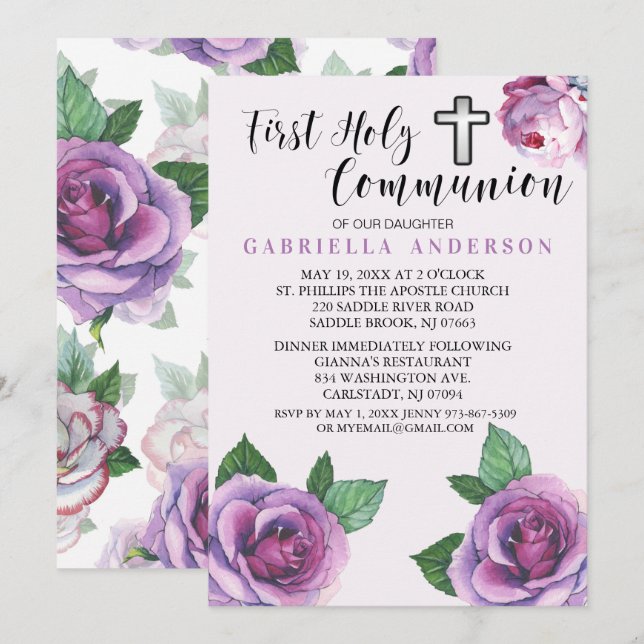 Invitación Hermosos Rosas Púrpura Primero Santa Comunión (Anverso / Reverso)
