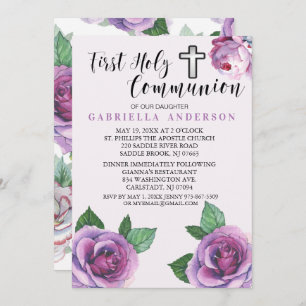 Invitación Hermosos Rosas Púrpura Primero Santa Comunión