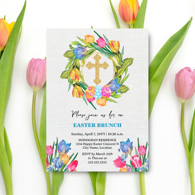Invitación Hermosos Tulipanes de Huevos de Pascua de Oro (Beautiful gold cross, tulip wreath and Easter Eggs brunch invitation front view.)