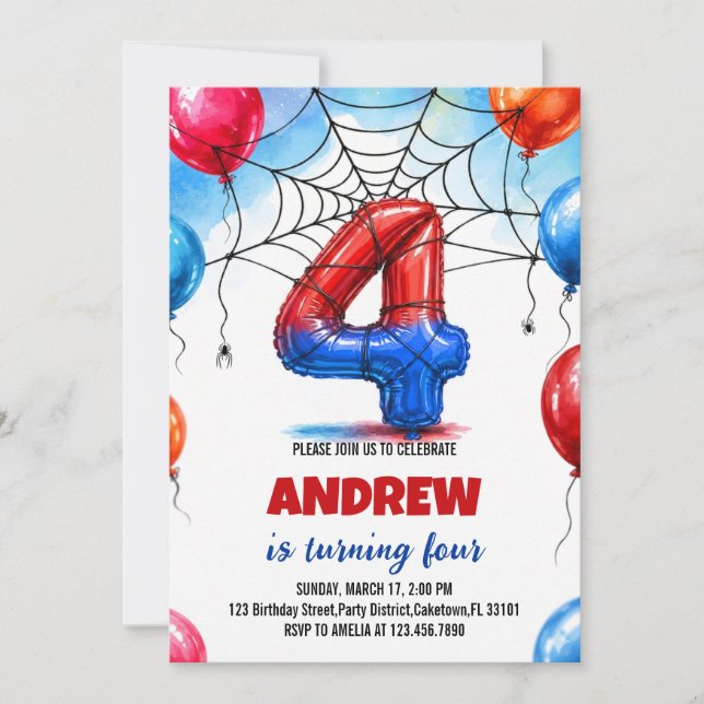 Invitación Héroe de Telaraña Cumpleaños Globo Rojo Azul (Anverso)