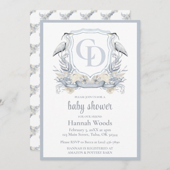 Invitación Heron Interlocking Monogram Baby Shower (Anverso / Reverso)
