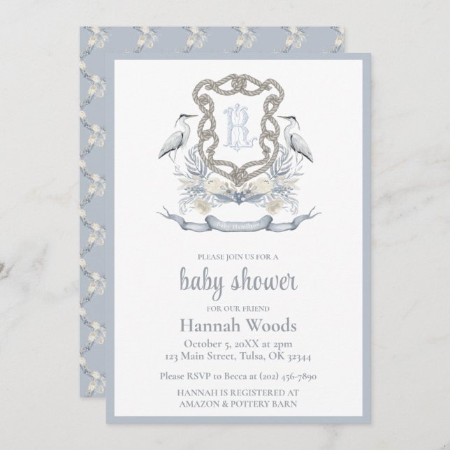 Invitación Heron Rope Monogram Baby Shower (Anverso / Reverso)