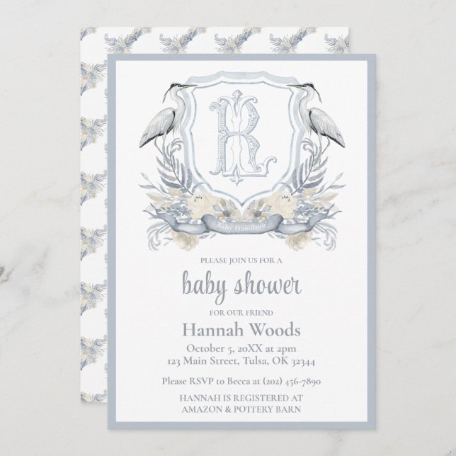 Invitación Heron Specialty Monogram Baby Shower (Anverso / Reverso)