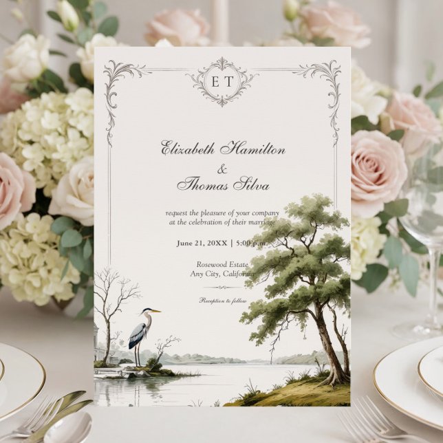 Invitación Heron Toile French Country Monogram Wedding (Subido por el creador)