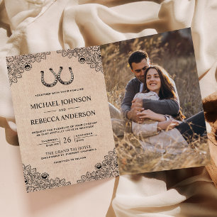 Invitación Herraduras de Arpillera Lazo Código QR Foto Boda