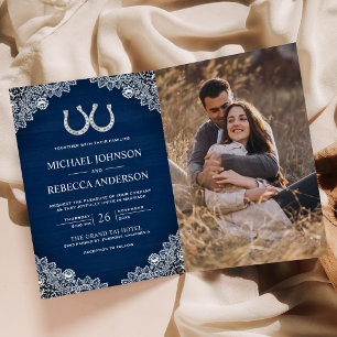 Invitación Herraduras de Azul Marino Código QR Foto Boda