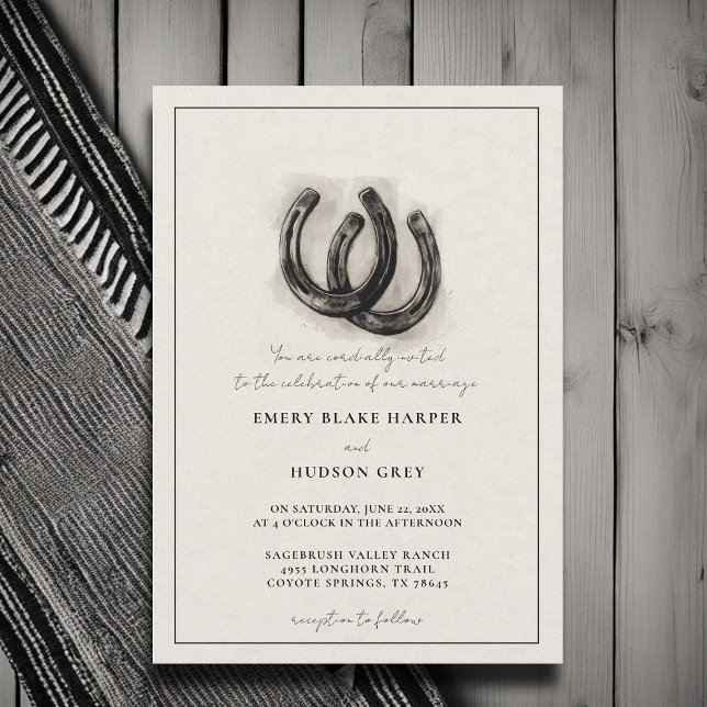 Invitación Herraduras de campo Boda de BW elegante occidental (country wedding invitation western cowboy horseshoes artistic frame black white elegant formal)
