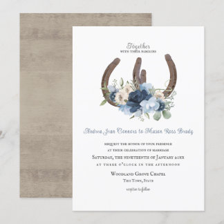 Invitación Herraduras y flores rusticas azul turbulento