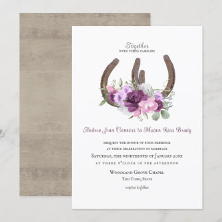 Invitación Herraduras y flores rusticas moradas