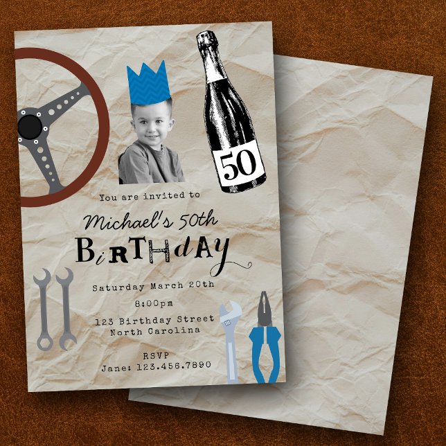 Invitación Herramientas de coche con foto personalizada para  (Twenty First 50th Birthday Custom Photo Car Tools Invitation)