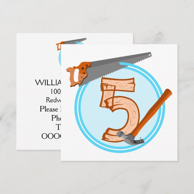 Invitación HERRAMIENTAS DE cumpleaños de niño de cinco años (Anverso / Reverso)