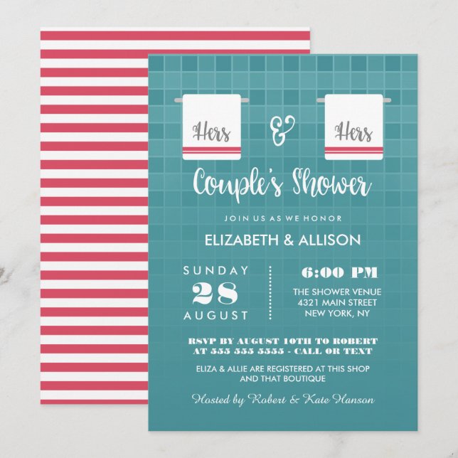 Invitación Hers & Hers | Ducha azul y roja de una pareja de l (Anverso / Reverso)