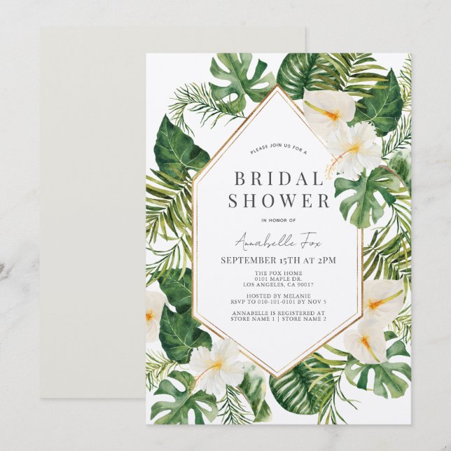Invitación Hervidad Bridal Floral de Antrurio Blanco e Hibisc (Anverso / Reverso)