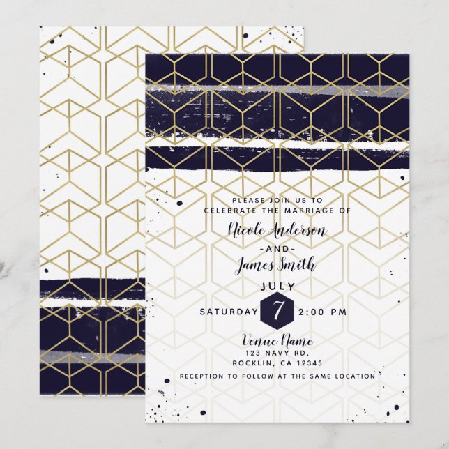 Invitación Hexagon Boda Geométrico de Oro Azul de la Marina M (Anverso / Reverso)