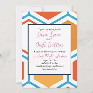 Invitación Hexagón en naranja, azul y blanco