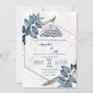 Invitación Hexagon Gold Frame gris hojas Boda islámico