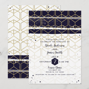 Invitación Hexágono Moderno Boda Geométrica Azul Marino Dorad