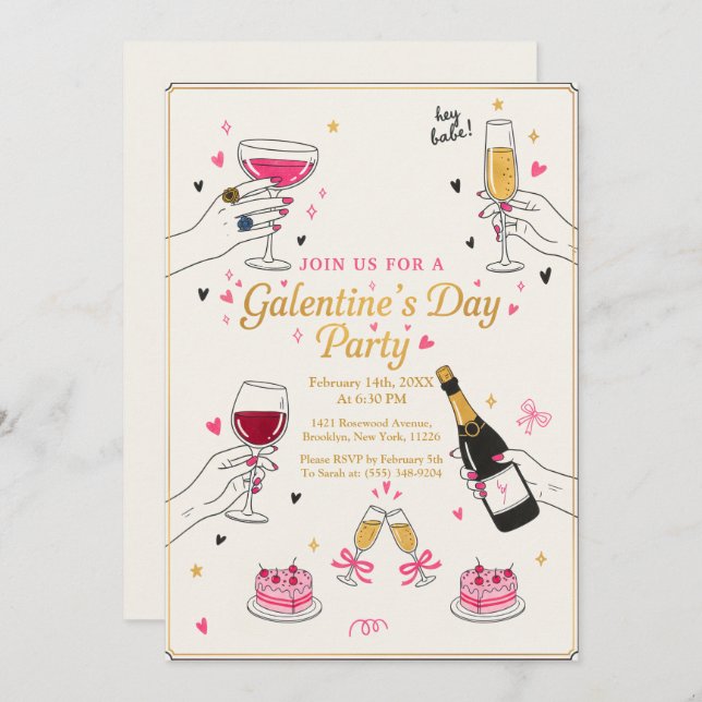 Invitación Hey Babe Galentines Party Wine Cake (Anverso / Reverso)