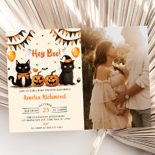 Invitación ¡Hey Boo! Baby Shower Black Cat Halloween