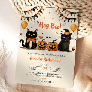 Invitación ¡Hey Boo! Baby Shower Black Cat Halloween