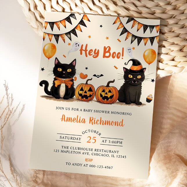 Invitación ¡Hey Boo! Baby Shower Black Cat Halloween (Subido por el creador)