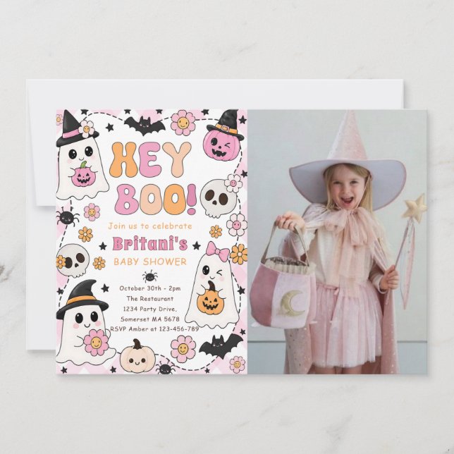 Invitación Hey Boo baby shower rosa (Anverso)
