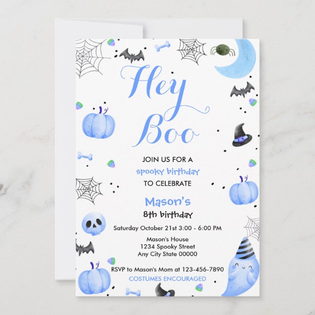 Invitación Hey Boo Blue Ghost Halloween Cumpleaños (Anverso)