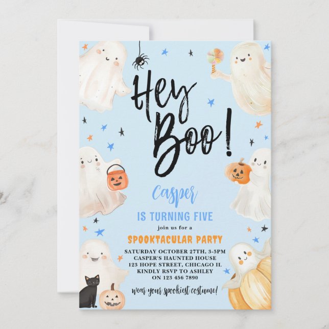 Invitación Hey Boo Blue Halloween Cute Fantasma Boy Cumpleaño (Anverso)